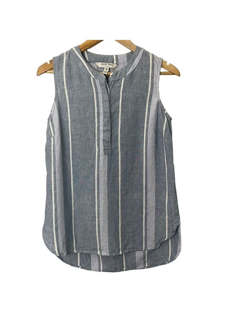 Ellen Tracy 100% Linen Sleeveless Top Womens S Blue White Stripe Button Up